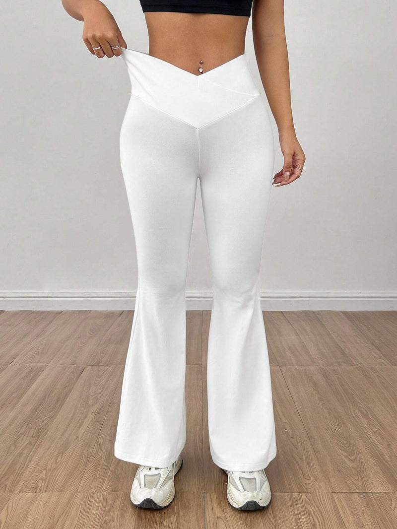 PETITE Pantalones blancos acampanados con cintura en forma de V y solapa de unicolor