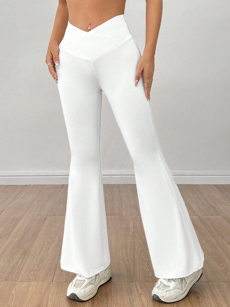 PETITE Pantalones blancos acampanados con cintura en forma de V y solapa de unicolor