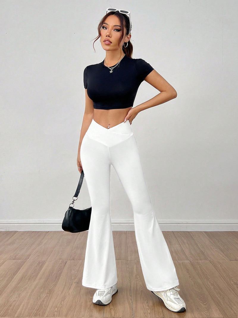 PETITE Pantalones blancos acampanados con cintura en forma de V y solapa de unicolor