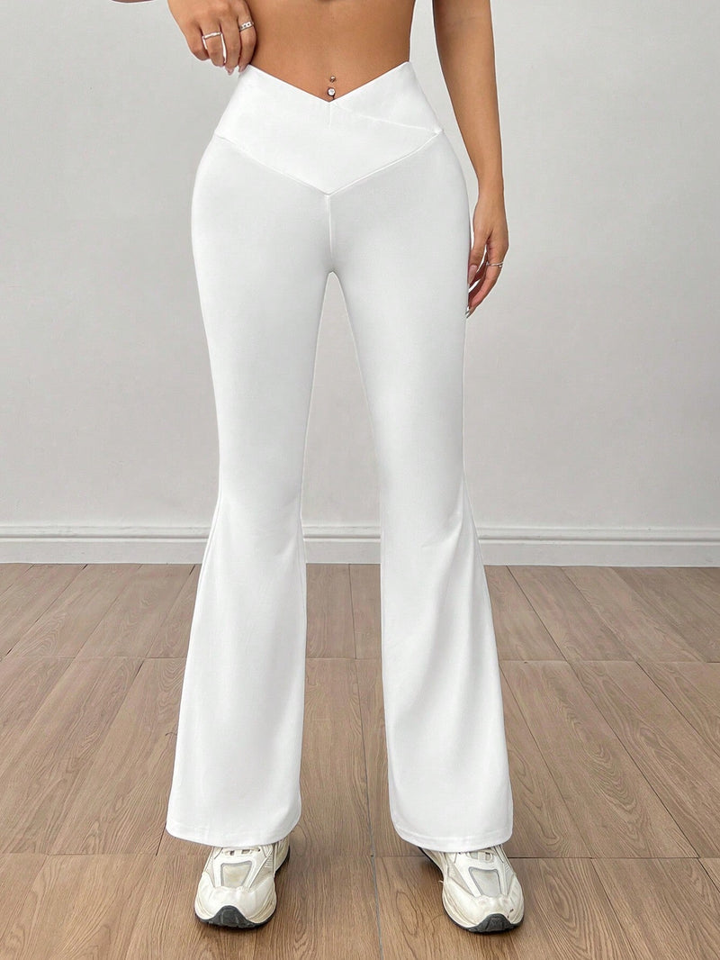 PETITE Pantalones blancos acampanados con cintura en forma de V y solapa de unicolor