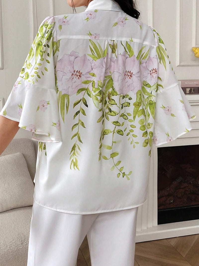 Blusa de verano elegante para mujer con estampado floral y lazo en el cuello