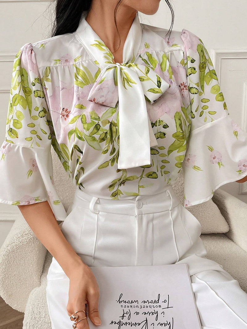 Blusa de verano elegante para mujer con estampado floral y lazo en el cuello