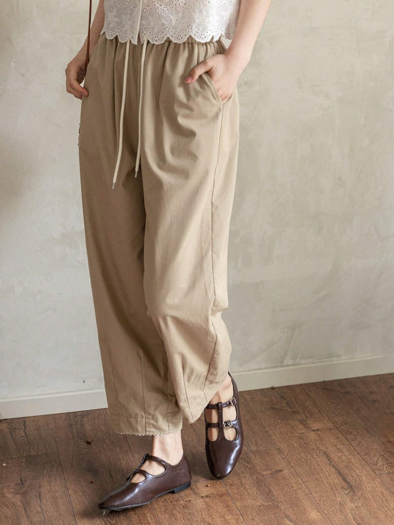 FRIFUL Pantalones casuales sueltos para mujer con cintura elastica, empalmados con encaje y cordon de ajuste