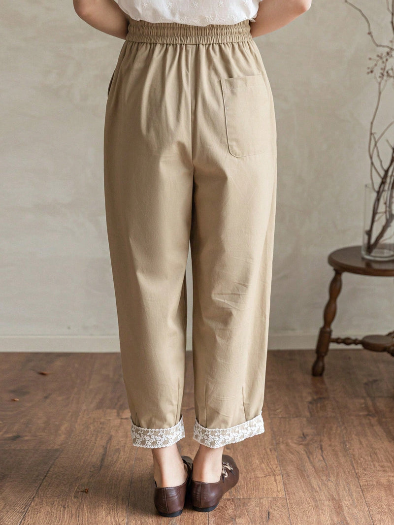 FRIFUL Pantalones casuales sueltos para mujer con cintura elastica, empalmados con encaje y cordon de ajuste