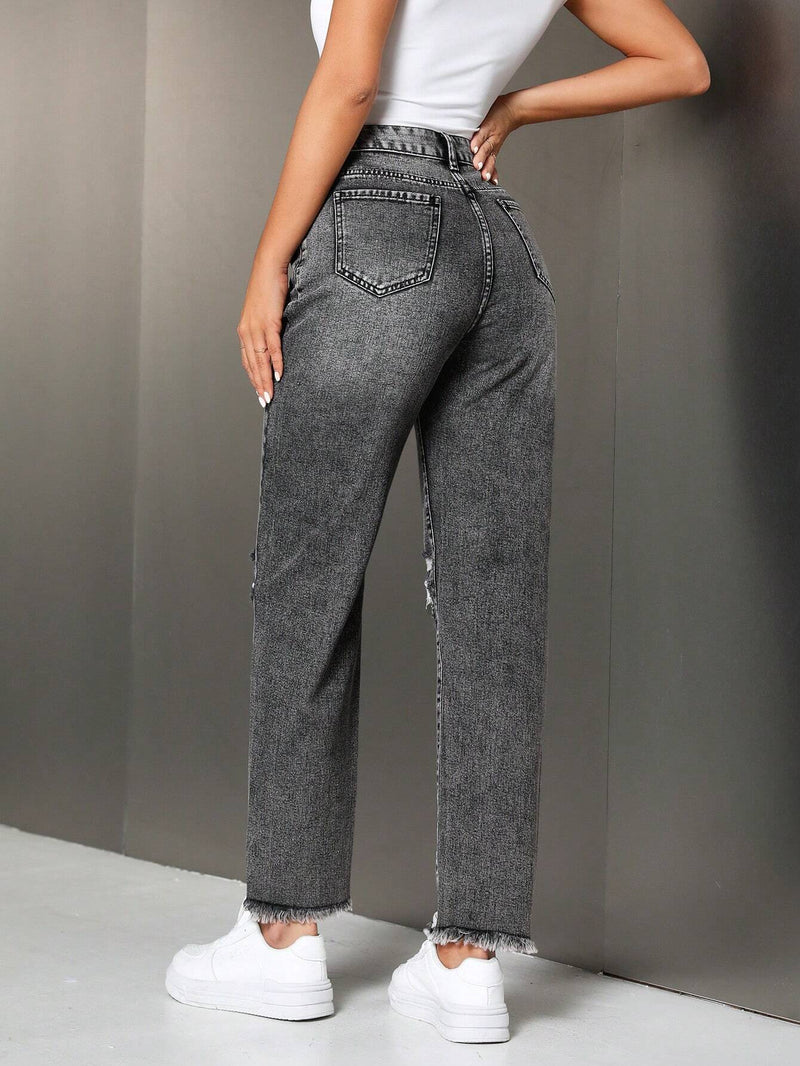 Tall Jeans rectos casuales para mujer con bolsillos rasgados