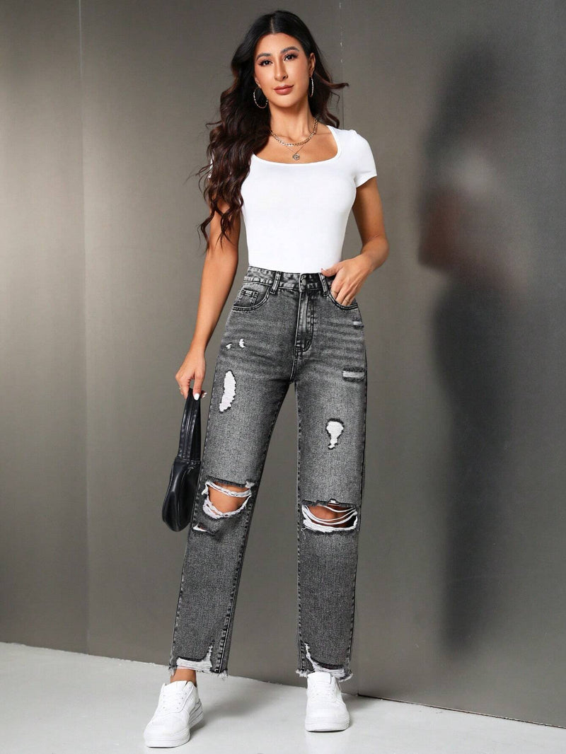 Tall Jeans rectos casuales para mujer con bolsillos rasgados