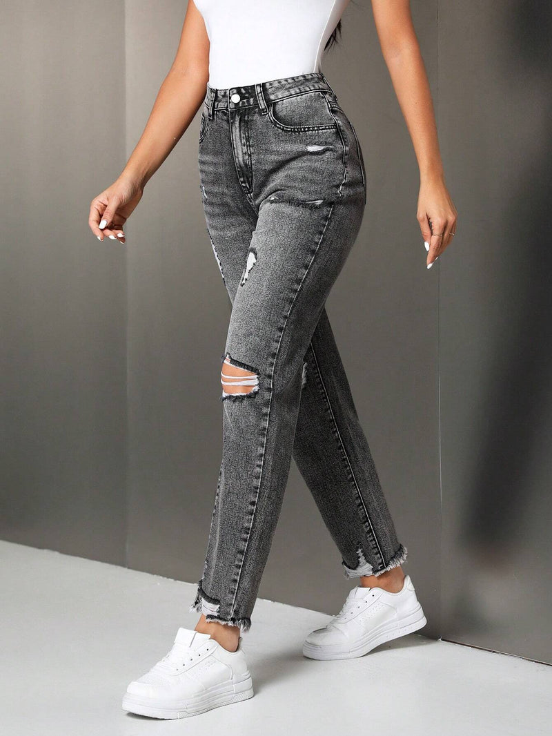 Tall Jeans rectos casuales para mujer con bolsillos rasgados