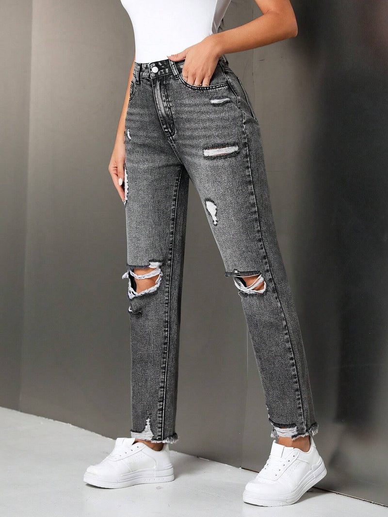 Tall Jeans rectos casuales para mujer con bolsillos rasgados