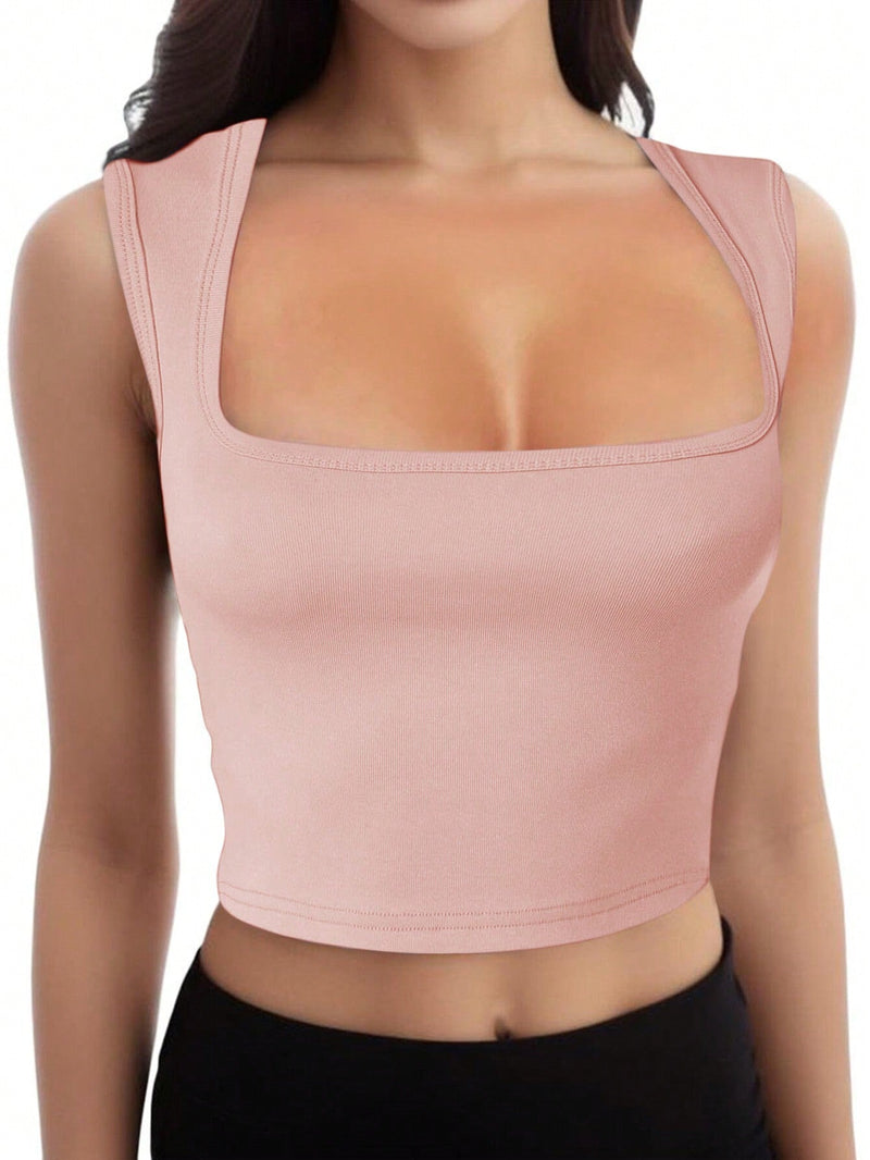 Top corto de verano ajustado de unicolor con cuello de cisne para mujer