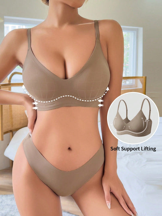 Conjunto de ropa interior sin costuras para mujeres de 2 piezas, Brasier con relleno ajustable y tangas comodas y transpirables