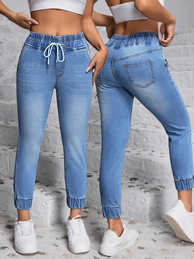 PETITE Jeans casuales de cintura alta para mujeres con cinturon de lazo, ajuste delgado y versatil