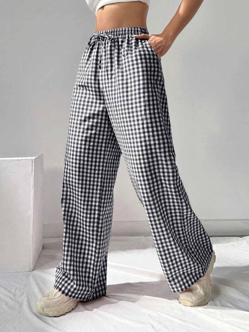 EZwear Pantalones Casuales de Mujer de Cuadros Blancos y Negros Tejidos