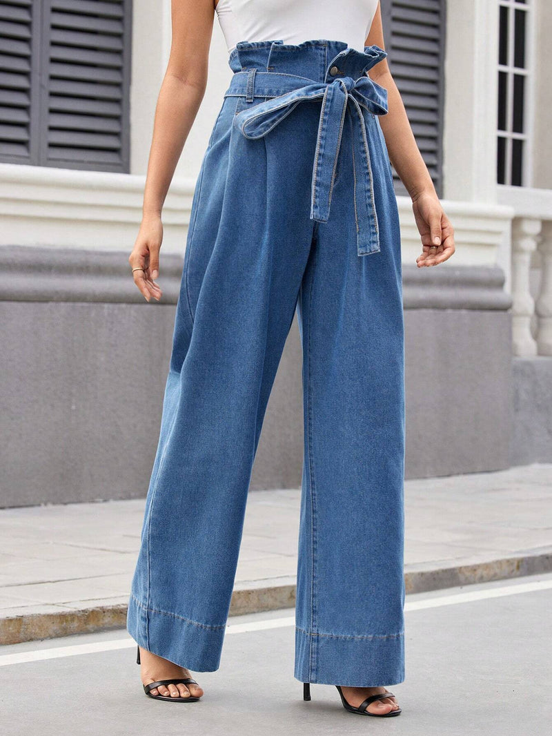 Essnce Pantalones Jeans de mezclilla casuales y comodos para mujer con cintura alta, pierna ancha y ajuste holgado para el uso diario y el trabajo