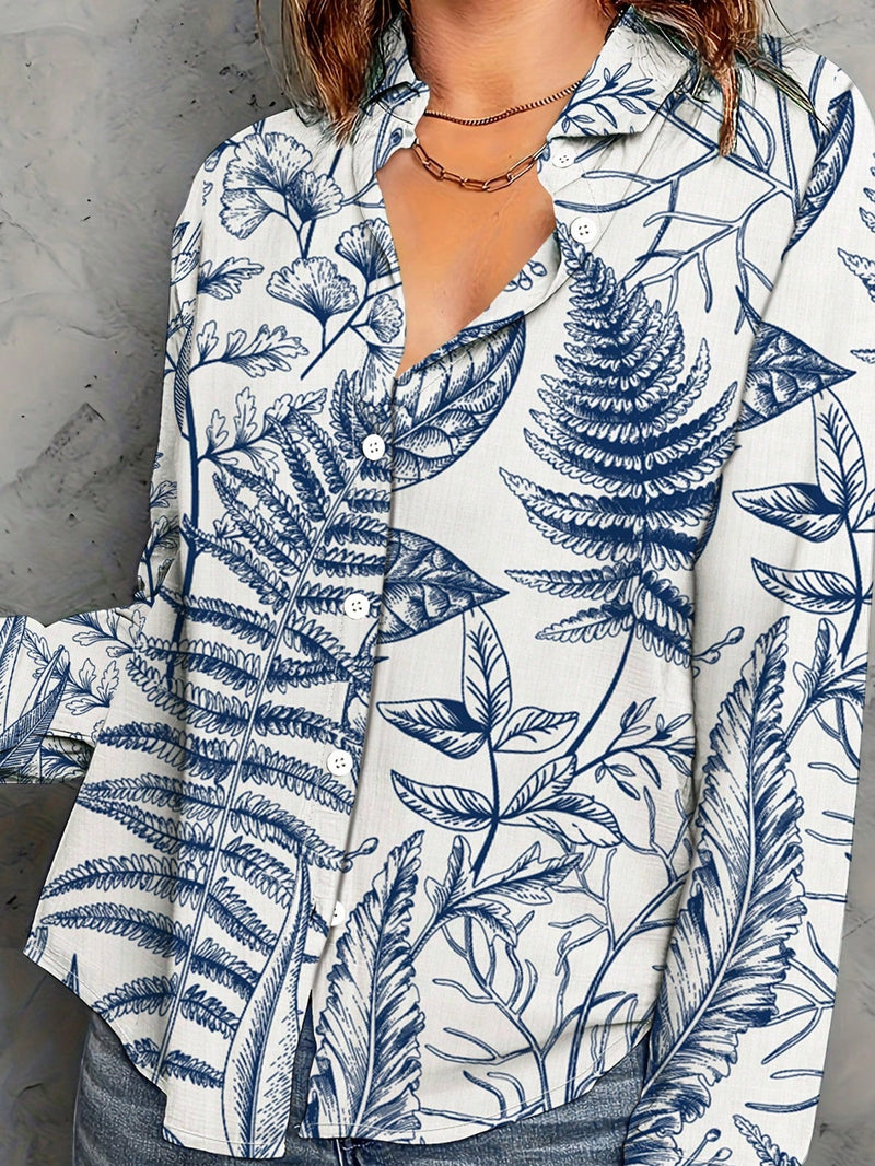 Camisa de manga larga para mujer con cuello vuelto y holgada con impresion de plantas europeas y americanas nuevas de primavera/verano, amigable con la piel