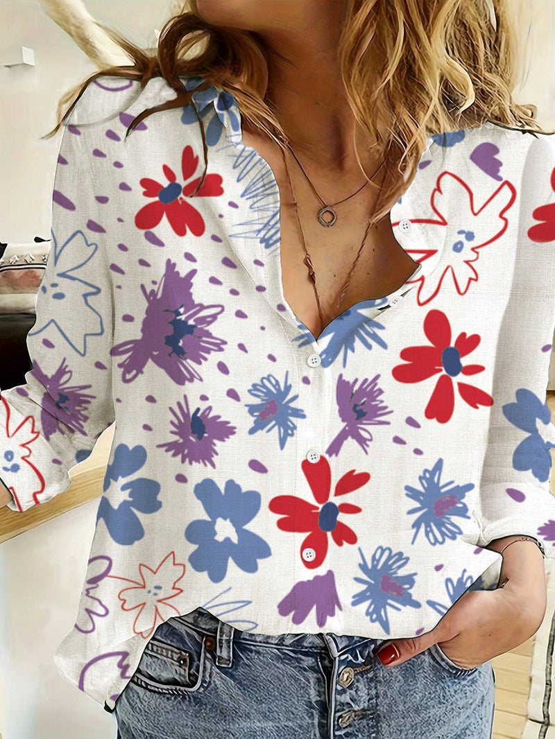 Camisa de mujer de lino con estampado estilo europeo y americano con cuello con solapas y mangas largas de ajuste holgado casual para la primavera/otono 2023