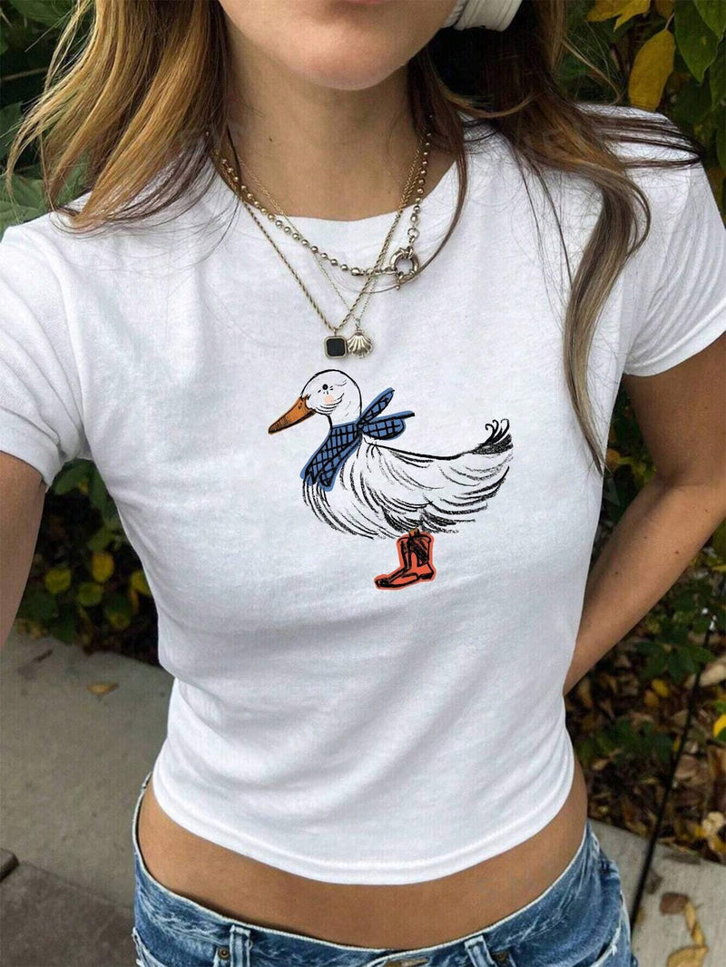 Camiseta de verano para mujer con diseno de botas y patron de pato impreso