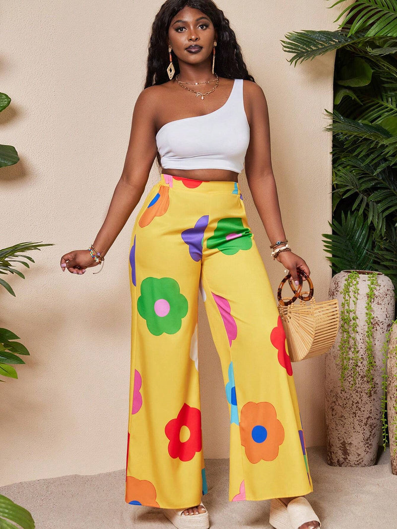 Slayr Pantalones casuales de pierna ancha impresos con flores en todo el conjunto en colores vivos para mujeres en verano