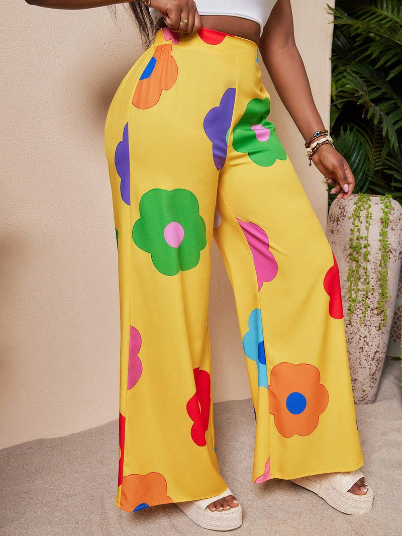 Slayr Pantalones casuales de pierna ancha impresos con flores en todo el conjunto en colores vivos para mujeres en verano