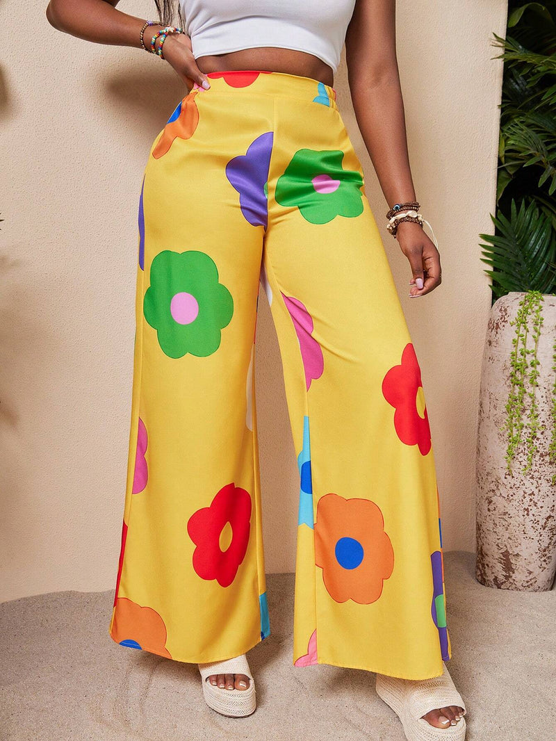 Slayr Pantalones casuales de pierna ancha impresos con flores en todo el conjunto en colores vivos para mujeres en verano