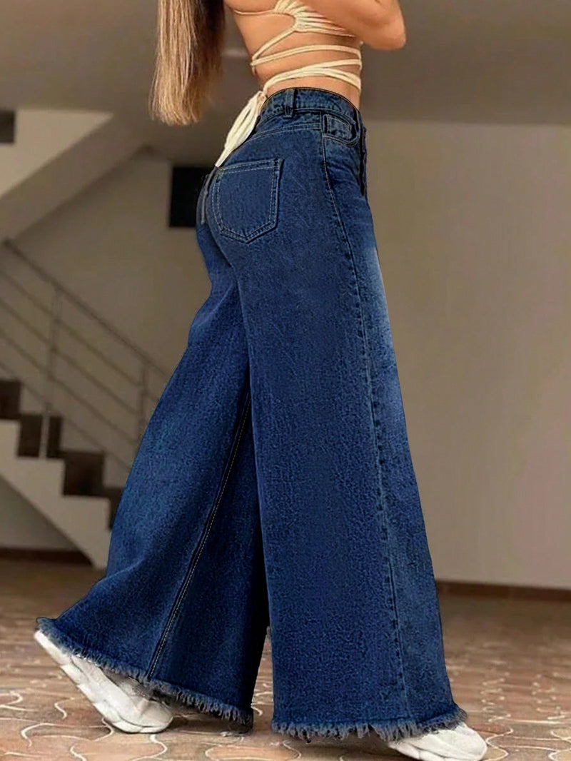 Jeans vintage de pierna ancha suelta y cintura alta con dobladillo crudo para mujer