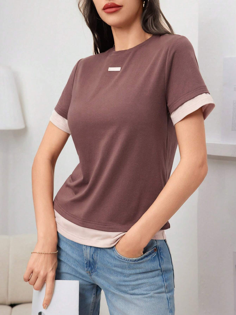 Mulvari Camiseta casual de manga corta con cuello redondo y colores contrastantes para mujer en verano