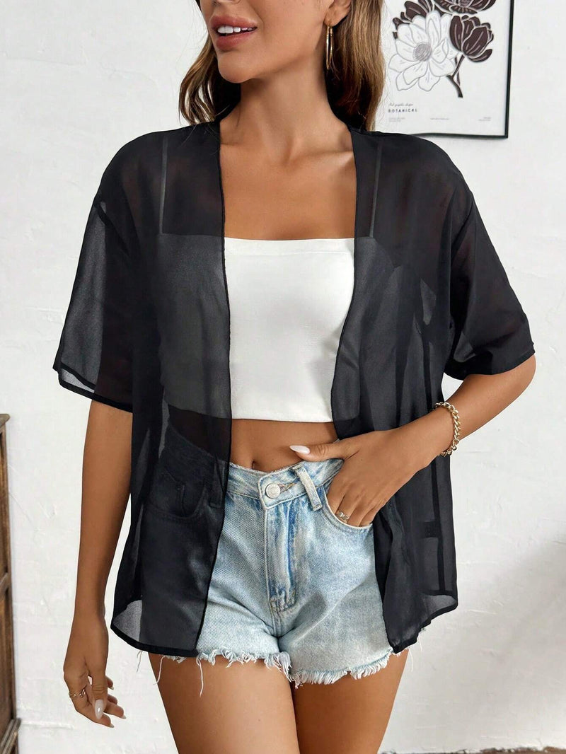 Cardigan casual de manga corta y tela transparente para mujer en el verano