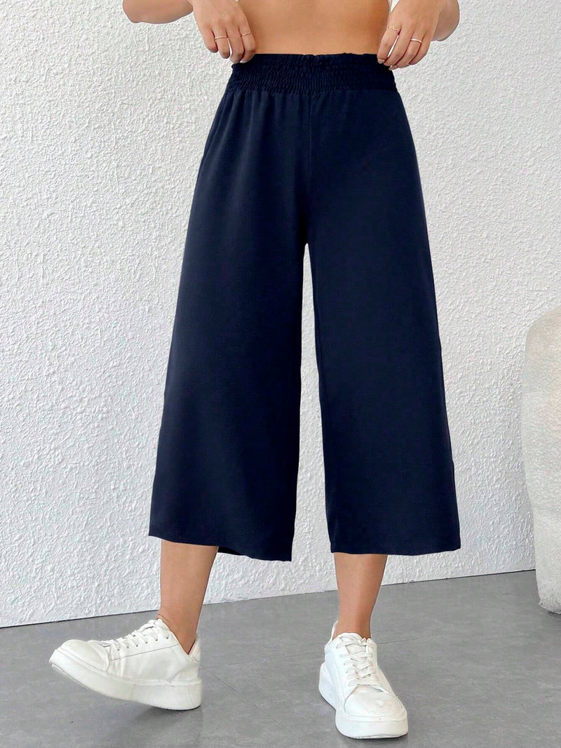 PETITE Pantalones capri anchos y sueltos de cintura alta y frente de corbata para mujer de unicolor