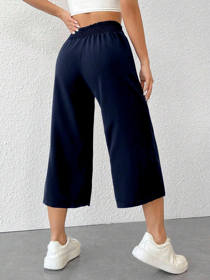 PETITE Pantalones capri anchos y sueltos de cintura alta y frente de corbata para mujer de unicolor