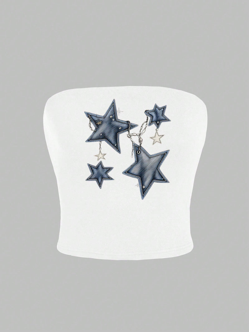 EZwear Tubo ajustado blanco para mujer con patron de estrellas y correa de cadena azul con banda de tela, adecuado para el verano