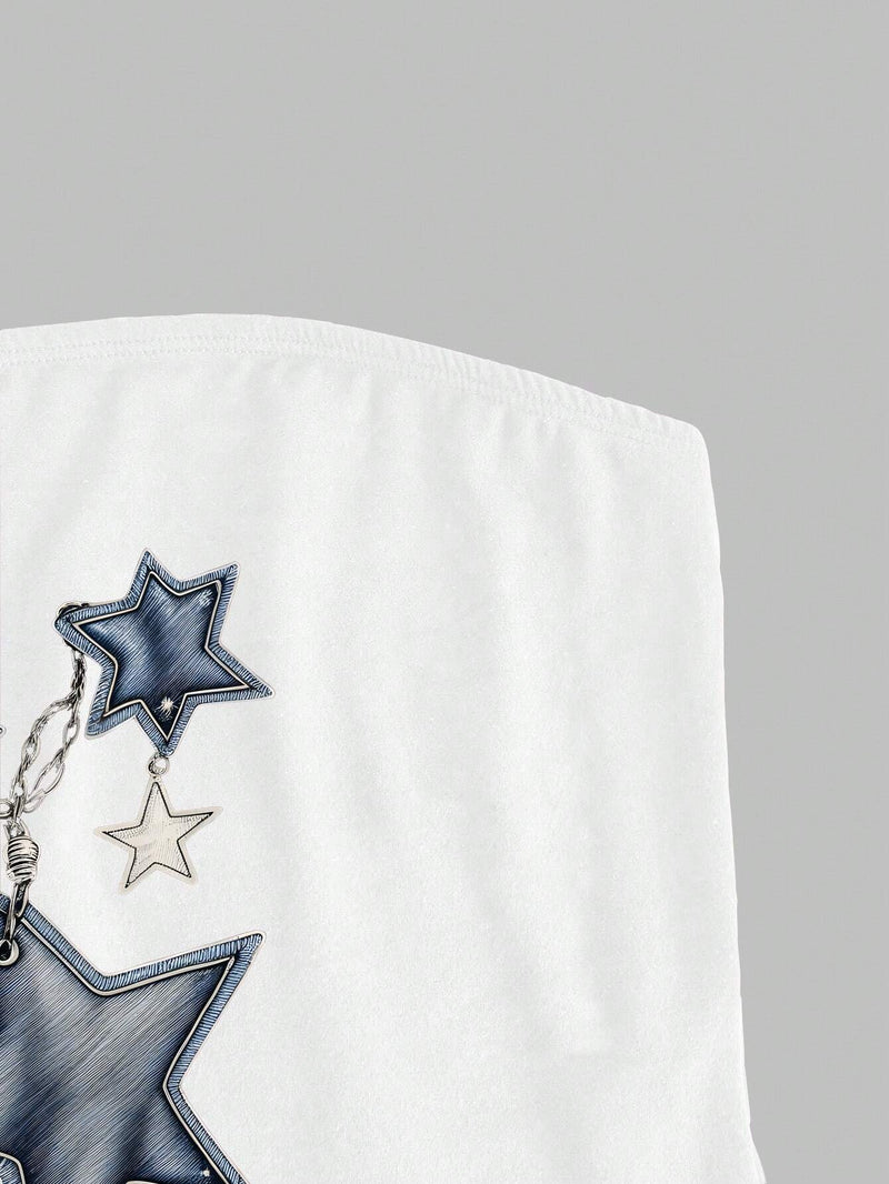 EZwear Tubo ajustado blanco para mujer con patron de estrellas y correa de cadena azul con banda de tela, adecuado para el verano