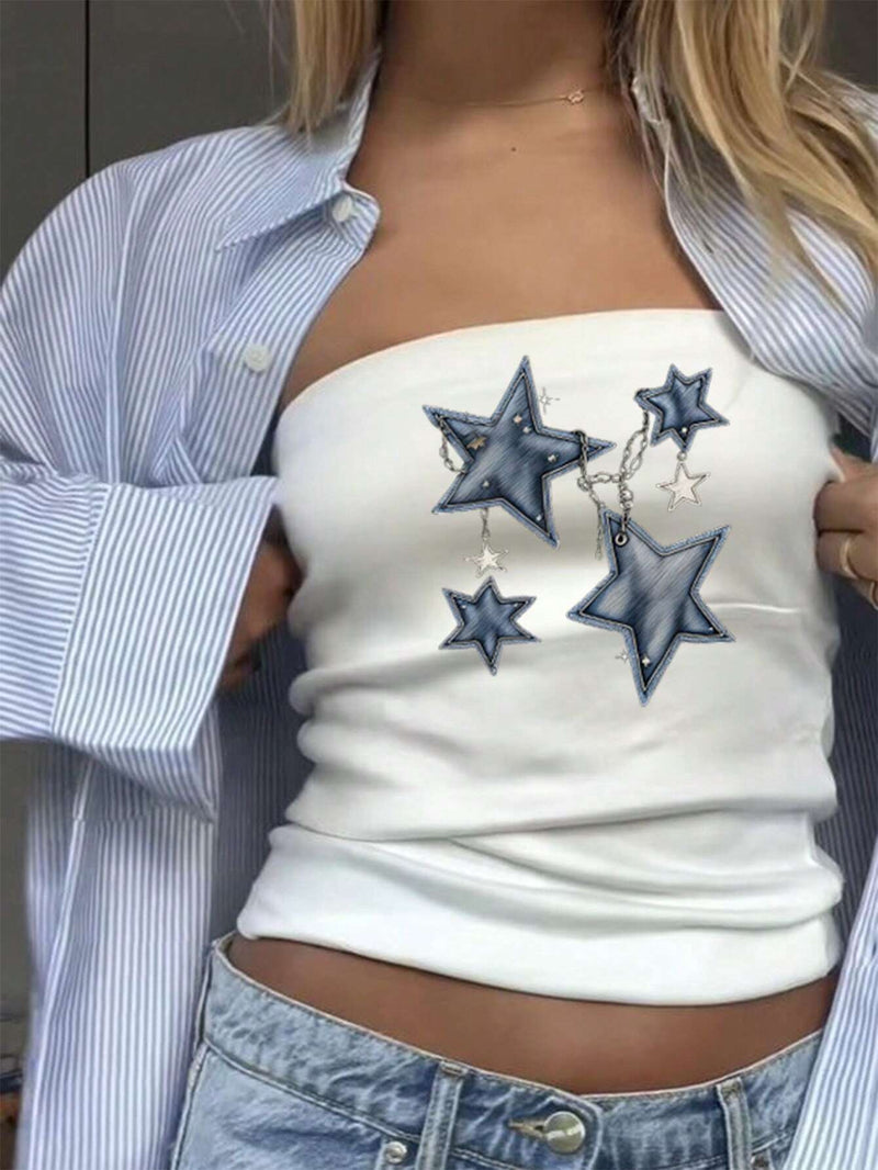 EZwear Tubo ajustado blanco para mujer con patron de estrellas y correa de cadena azul con banda de tela, adecuado para el verano