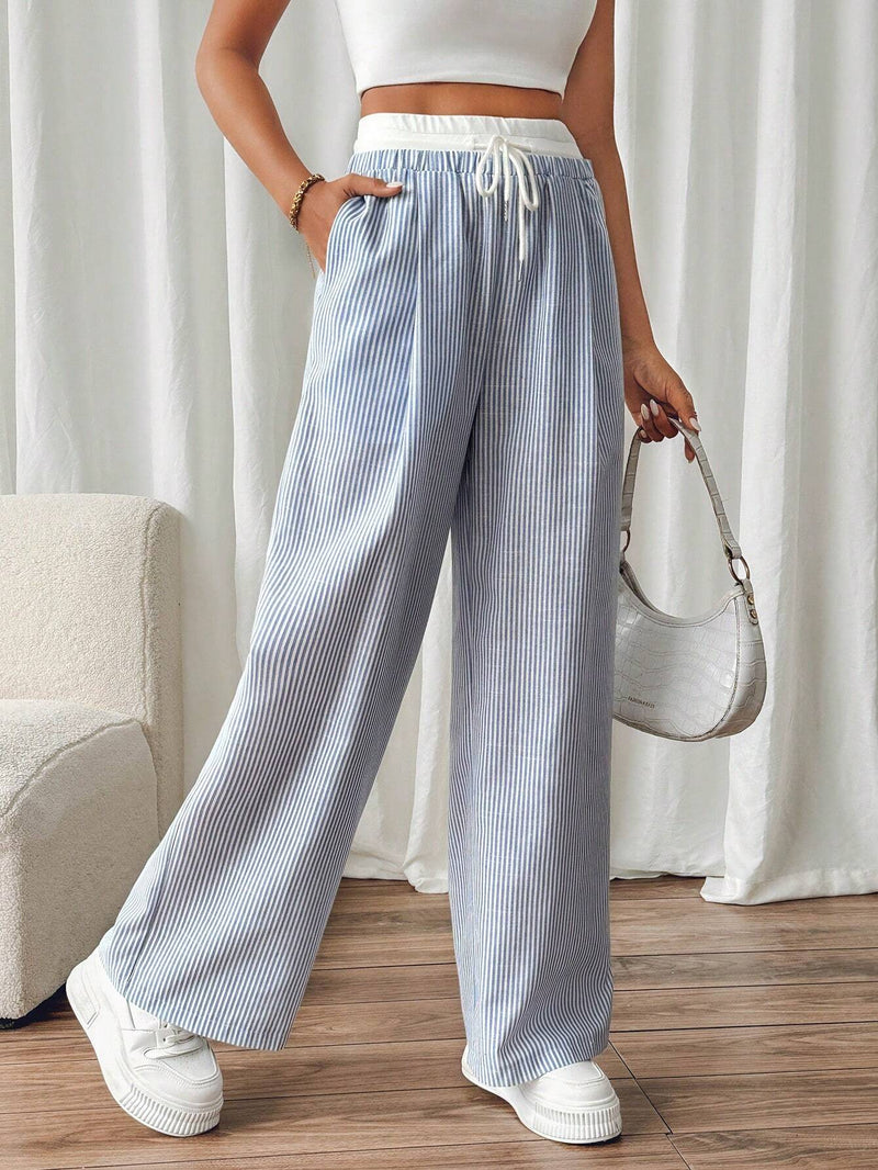 Frenchy Pantalones casuales para mujeres con cintura con cordon, corte recto a rayas, pliegues y bolsillos