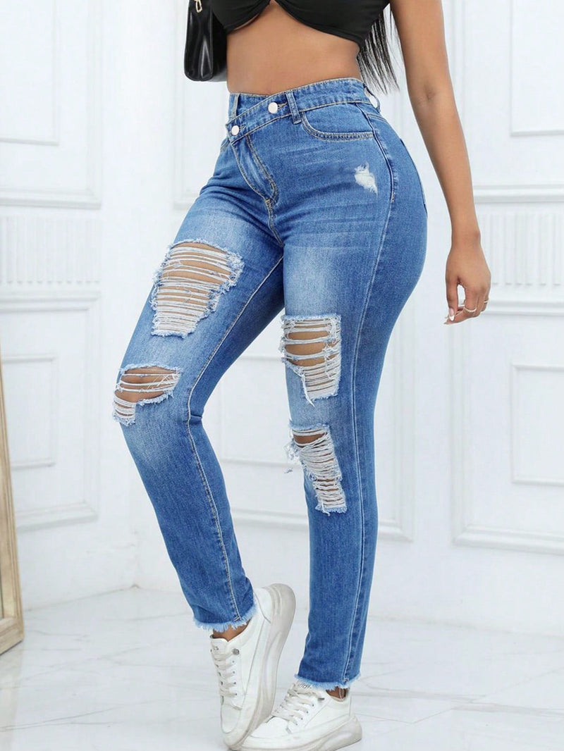 Pantalones Jeans de mezclilla ajustados, elasticos y rasgados, con cintura irregular para mujer sexy