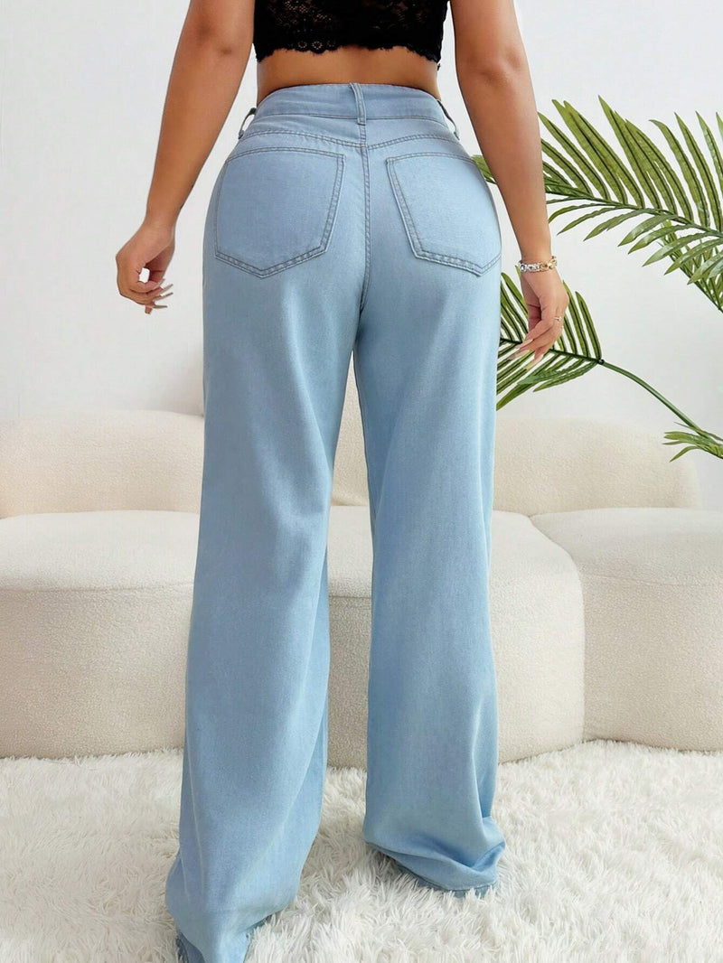 SXY Pantalones Jeans informales de pierna ancha y plisados con bolsillos sueltos para mujer