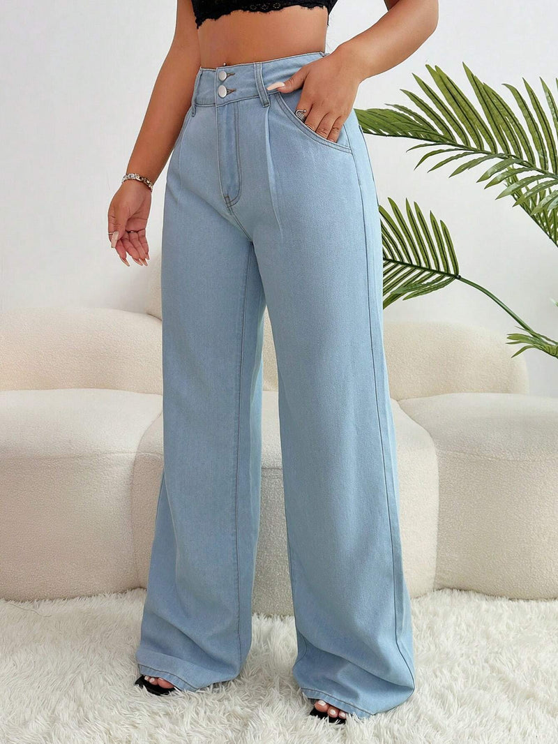 SXY Pantalones Jeans informales de pierna ancha y plisados con bolsillos sueltos para mujer