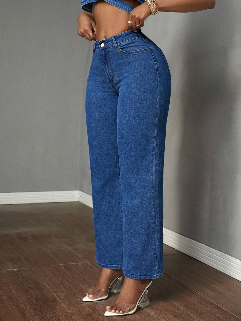 Slayr Jeans casuales de pierna recta y ajuste holgado para mujer con bolsillos