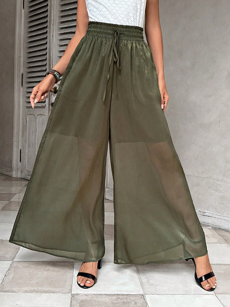 LUNE Pantalones anchos verdes de mujer para el verano de caida casual, hechos de gasa delgada y super ligera