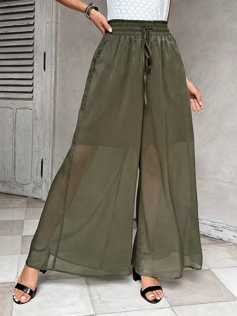 LUNE Pantalones anchos verdes de mujer para el verano de caida casual, hechos de gasa delgada y super ligera