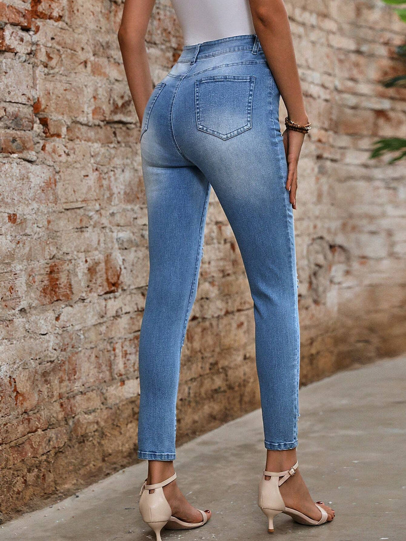 LUNE Jeans Pitillo Informales Para Mujer Con Detalles Rasgados Y Bolsillos