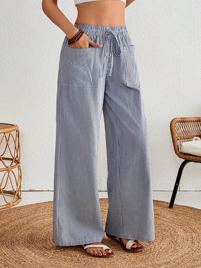 VCAY Pantalones anchos de pierna ancha con rayas verticales grises para mujer