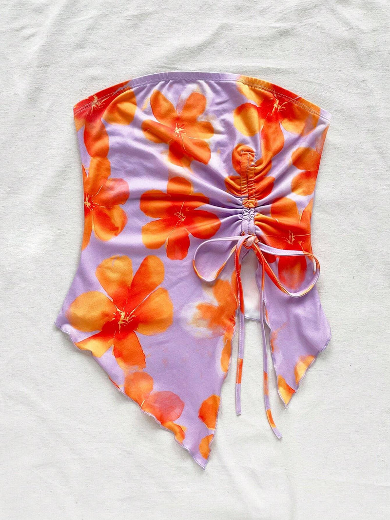 WYWH Top de banda de drawstring de hem asimetrica con estampado floral para mujeres en vacaciones