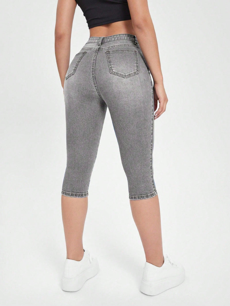 Essnce Pantalones Capri casuales de mezclilla ajustados para mujer con bolsillos