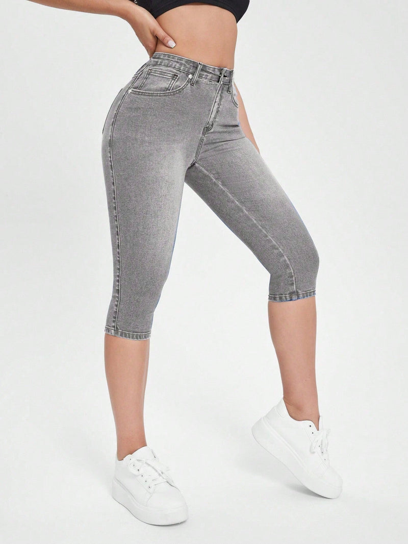 Essnce Pantalones Capri casuales de mezclilla ajustados para mujer con bolsillos