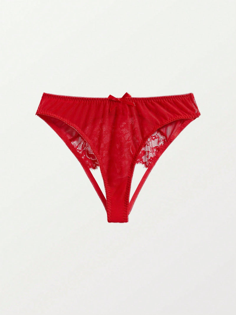 Panties de encaje con lazo decorativo y combinacion de unicolor para mujeres