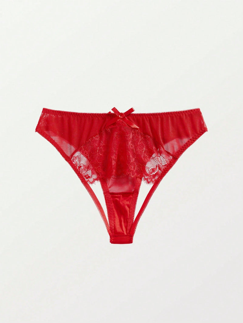 Panties de encaje con lazo decorativo y combinacion de unicolor para mujeres