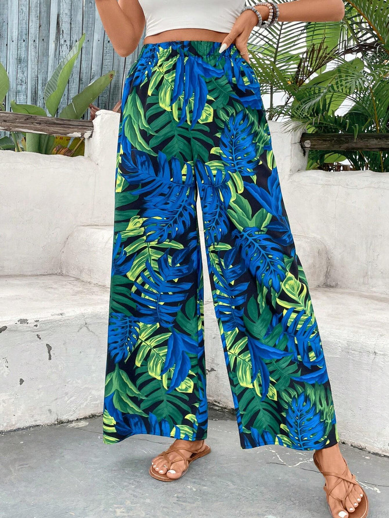 VCAY Pantalones holgados casuales de pierna ancha impresos con plantas tropicales para mujer de vacaciones