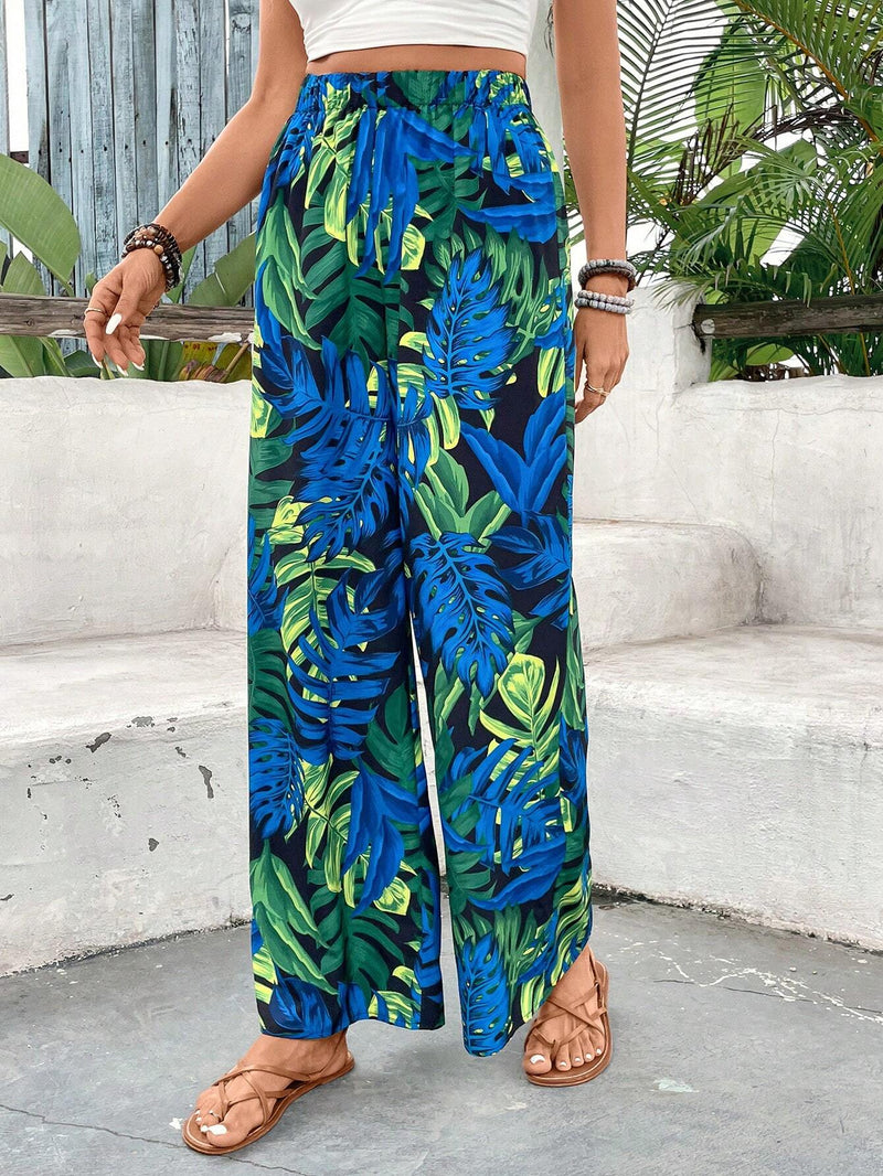 VCAY Pantalones holgados casuales de pierna ancha impresos con plantas tropicales para mujer de vacaciones