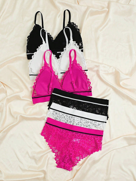 Conjunto de lenceria de encaje floral de 3 piezas