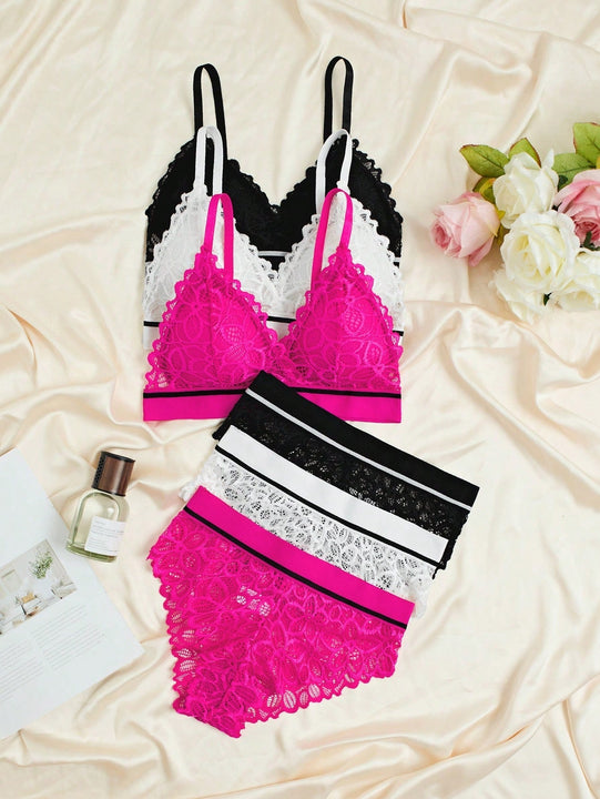 Conjunto de lenceria de encaje floral de 3 piezas