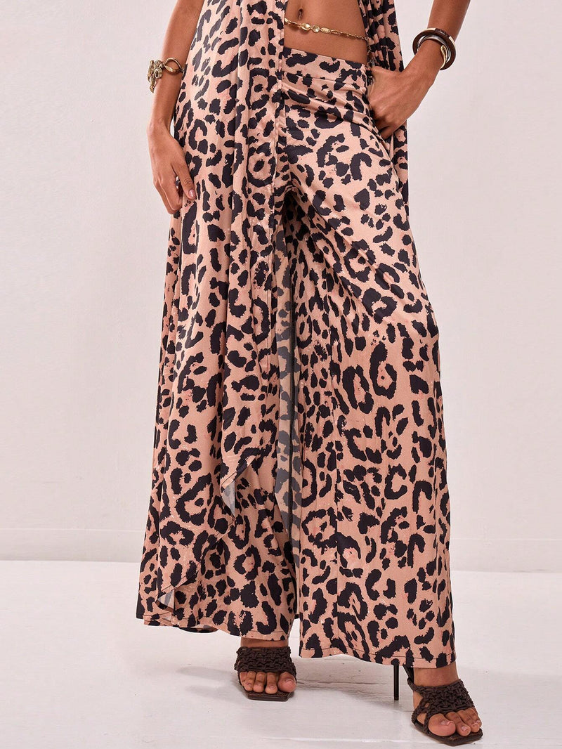 MUSERA Pantalones de pierna ancha con estampado de leopardo de seda